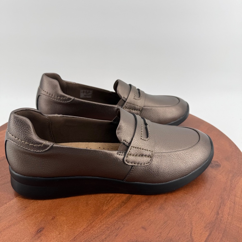 Clarks Ellowyn Penny Loafers Bronze Metallic Leather Slip On Shoes Women 11
